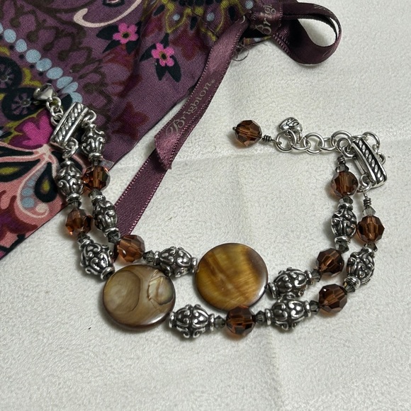 Brighton Jewelry - Brighton Utopia Bracelet Silver Plated & Brown Beaded Double Strand Chain 8.5"